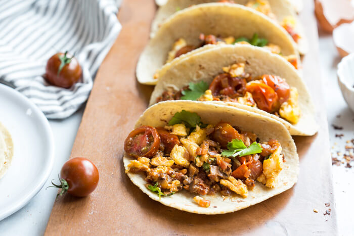 Get excited because these Skillet Breakfast Tacos with Chorizo and Tomatoes are da bomb dot com. Like literally flavor explosion in every bite. This recipe is one of those can’t stop, won’t stop type of breakfast recipes. Seconds? Yes, please!