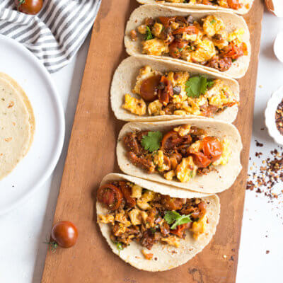 Get excited because these Skillet Breakfast Tacos with Chorizo and Tomatoes are da bomb dot com. Like literally flavor explosion in every bite. This recipe is one of those can’t stop, won’t stop type of breakfast recipes. Seconds? Yes, please!