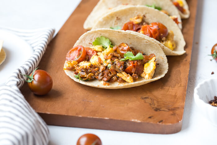 Get excited because these Skillet Breakfast Tacos with Chorizo and Tomatoes are da bomb dot com. Like literally flavor explosion in every bite. This recipe is one of those can’t stop, won’t stop type of breakfast recipes. Seconds? Yes, please!