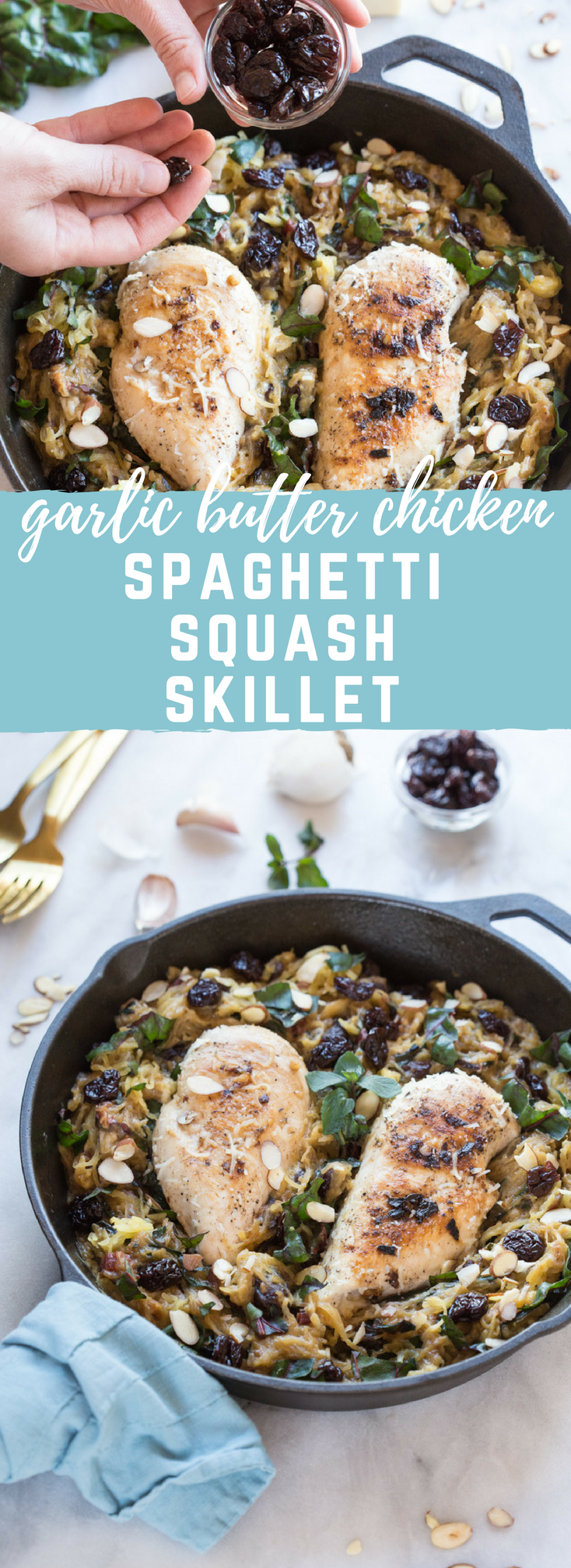 All the things you need on a busy weeknight... garlic butter chicken spaghetti squash skillet with kale, tart cherries, and cheese baked in the cast iron.