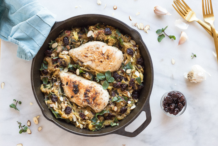 All the things you need on a busy weeknight... garlic butter chicken spaghetti squash skillet with kale, tart cherries, and cheese baked in the cast iron. 
