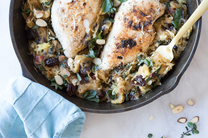 All the things you need on a busy weeknight... garlic butter chicken spaghetti squash skillet with kale, tart cherries, and cheese baked in the cast iron. 