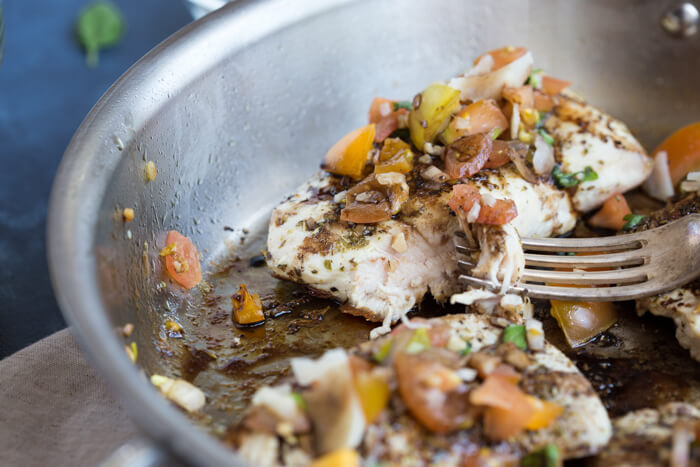 Italian herbed browned turkey breast served bruschetta-style sans bread with fresh basil, heirloom tomatoes, and a drizzle of tangy balsamic. Skillet Italian Herb Bruschetta Turkey is easy to cook and has so much flavor!