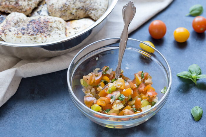 Italian herbed browned turkey breast served bruschetta-style sans bread with fresh basil, heirloom tomatoes, and a drizzle of tangy balsamic. Skillet Italian Herb Bruschetta Turkey is easy to cook and has so much flavor!