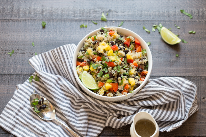 This Hawaiian Quinoa Bowl makes a complete meal-- veggies, protein, grains and fruit. Vegetarian and gluten free. LOVE IT as a side or an entree or on top of a big ole bowl of greens!