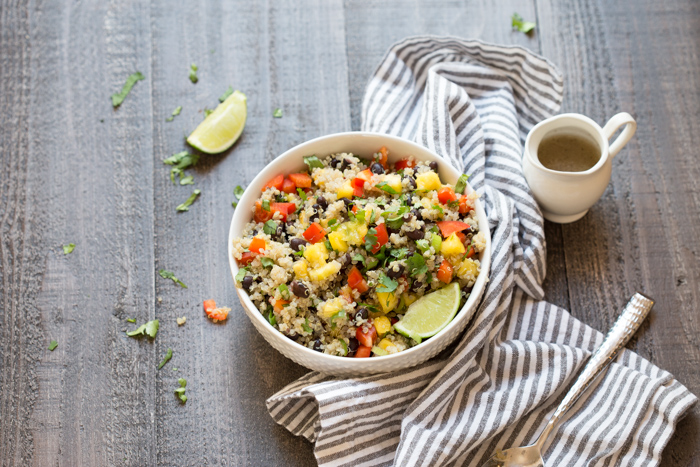 This Hawaiian Quinoa Bowl makes a complete meal-- veggies, protein, grains and fruit. Vegetarian and gluten free. LOVE IT as a side or an entree or on top of a big ole bowl of greens!