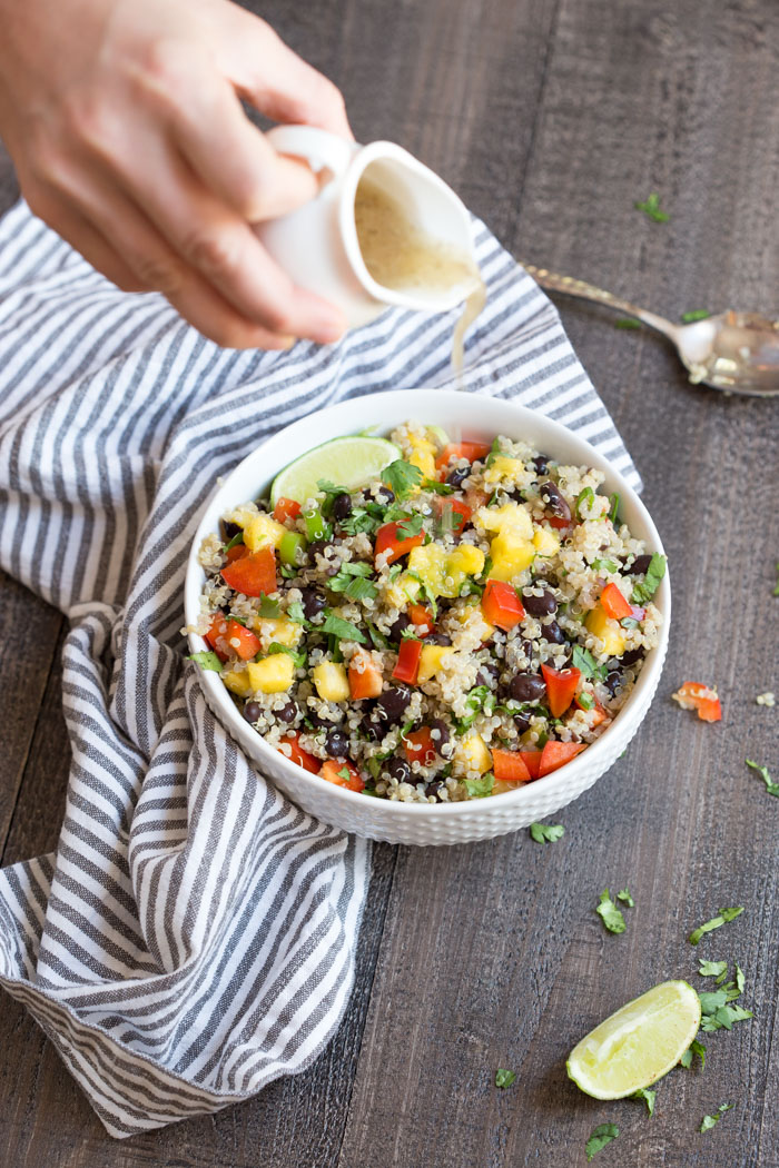 This Hawaiian Quinoa Bowl makes a complete meal-- veggies, protein, grains and fruit. Vegetarian and gluten free. LOVE IT as a side or an entree or on top of a big ole bowl of greens!