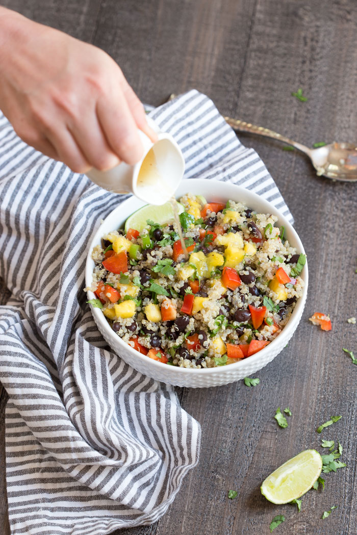 This Hawaiian Quinoa Bowl makes a complete meal-- veggies, protein, grains and fruit. Vegetarian and gluten free. LOVE IT as a side or an entree or on top of a big ole bowl of greens!