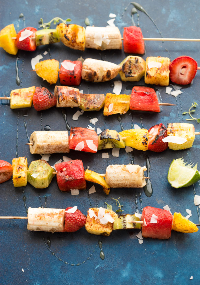 Add a punch of color to the barbecue with these Honey Lime Grilled Fruit Skewers. Tangy, sweet and hydrating on a hot summer day! 