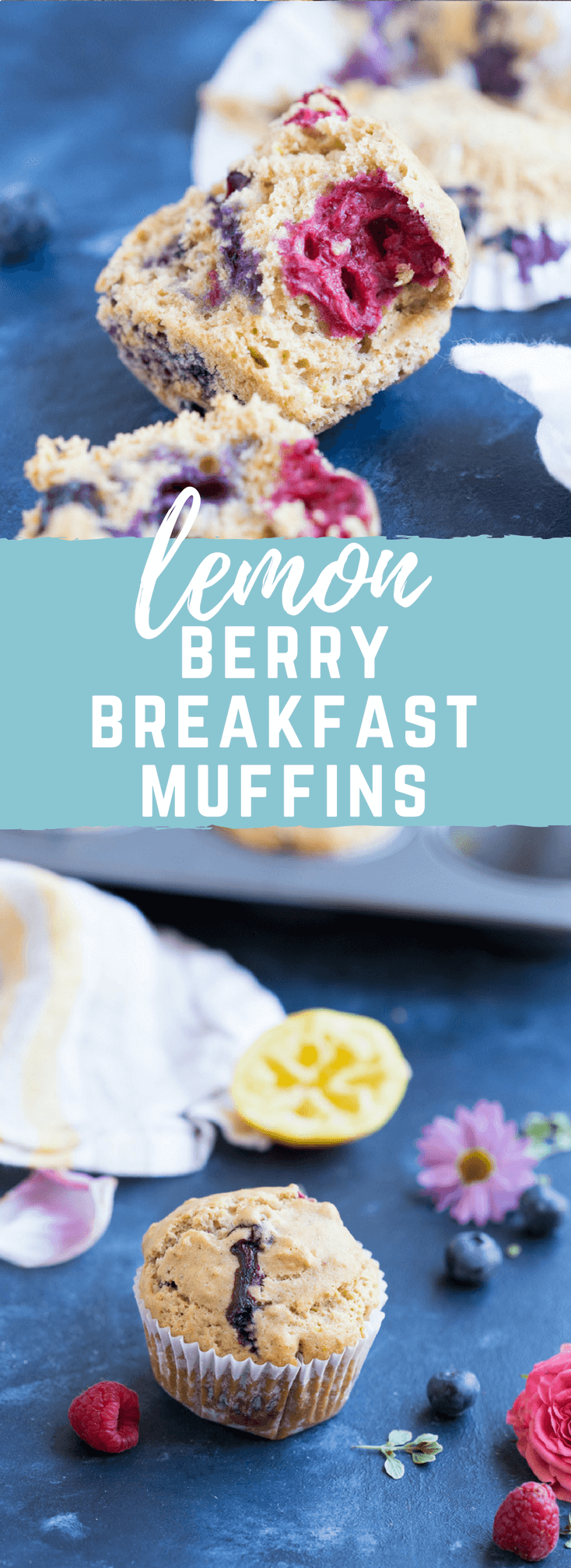 These Lemon Berry Breakfast Muffins are made with whole wheat flour, coconut oil, lemons, blueberries and raspberries and they make a wholesome snack or breakfast!