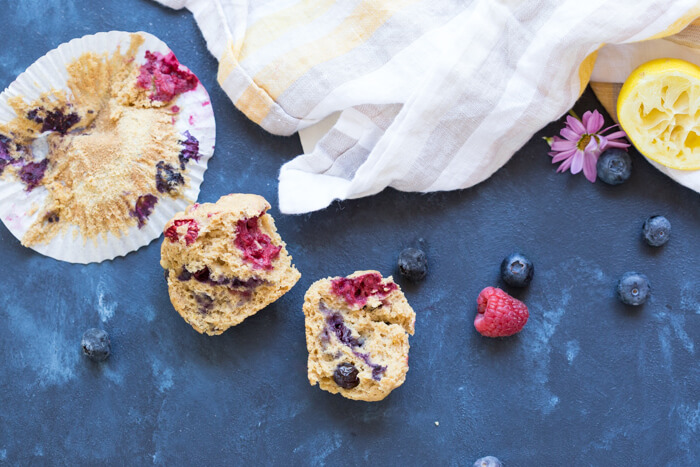 These Lemon Berry Breakfast Muffins are made with whole wheat flour, coconut oil, lemons, blueberries and raspberries and they make a wholesome snack or breakfast!