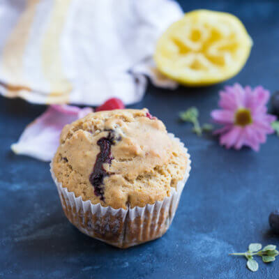 These Lemon Berry Breakfast Muffins are made with whole wheat flour, coconut oil, lemons, blueberries and raspberries and they make a wholesome snack or breakfast!