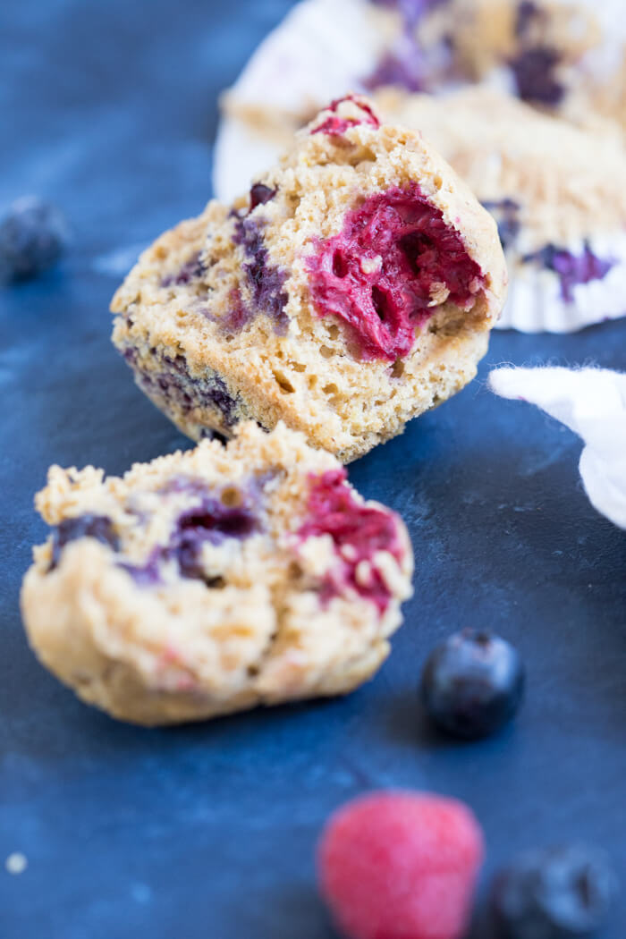 These Lemon Berry Breakfast Muffins are made with whole wheat flour, coconut oil, lemons, blueberries and raspberries and they make a wholesome snack or breakfast!