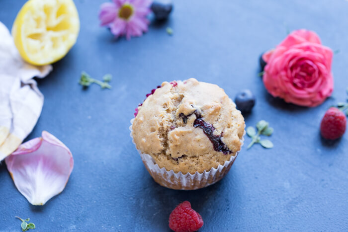 These Lemon Berry Breakfast Muffins are made with whole wheat flour, coconut oil, lemons, blueberries and raspberries and they make a wholesome snack or breakfast!