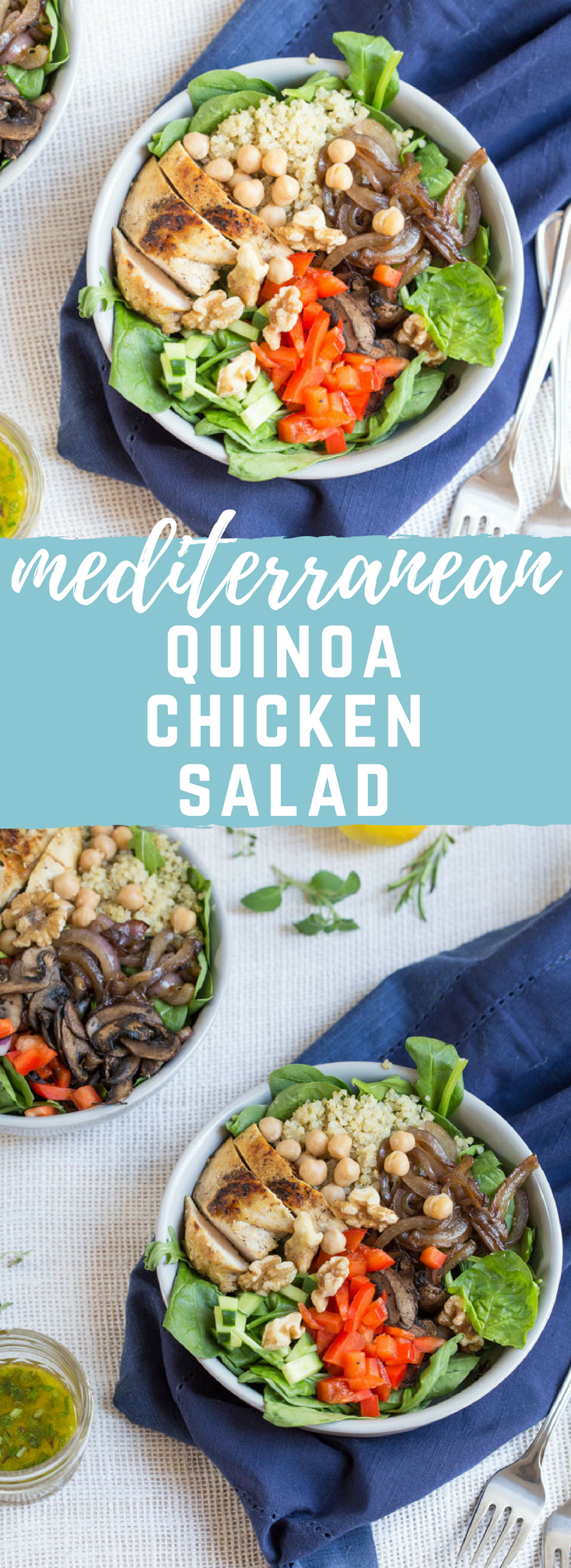 The perfect summer salad has grilled ingredients served warm served with fresh raw veggies. This Mediterranean Quinoa Chicken Salad bowl is topped with grilled chicken, sautéed onions and mushrooms and a zesty herb dressing.