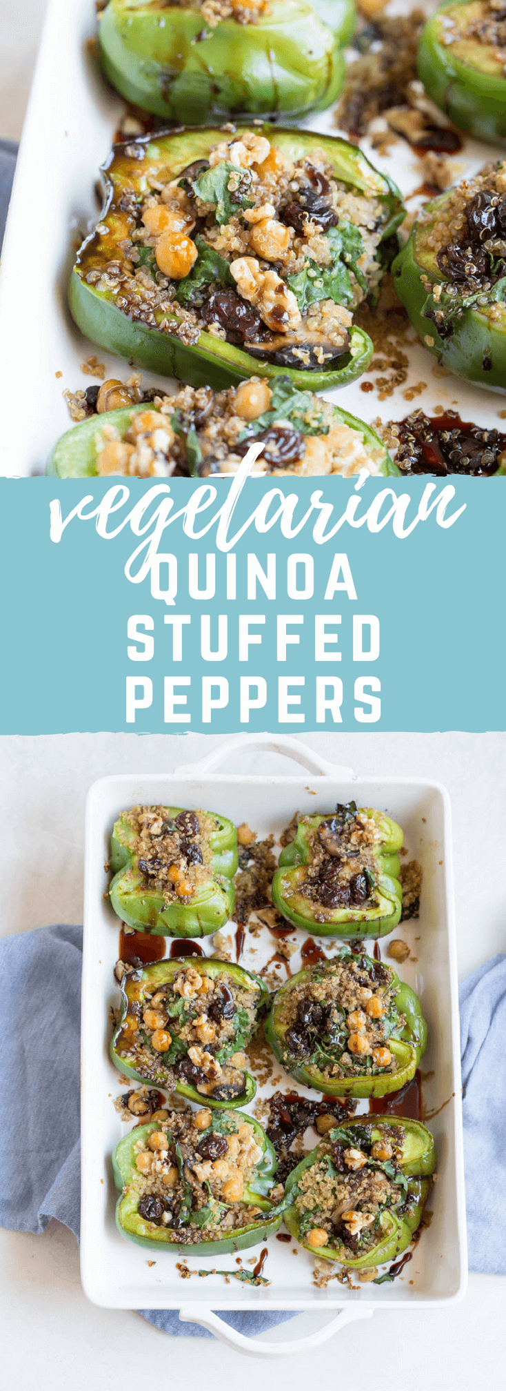 Vegetarian Quinoa Stuffed Peppers filled with quinoa, mushrooms, kale, dried tart cherries with walnuts and tart cherry reduction. A healthy veggie meal.