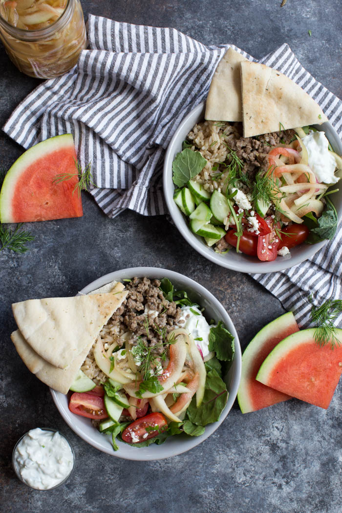 Gyro Salad Bowls with Pickled Watermelon Rind are what you make when you’re living life to the fullest. Instead of tossing your watermelon rind, pickle it and make gyro salad bowls!