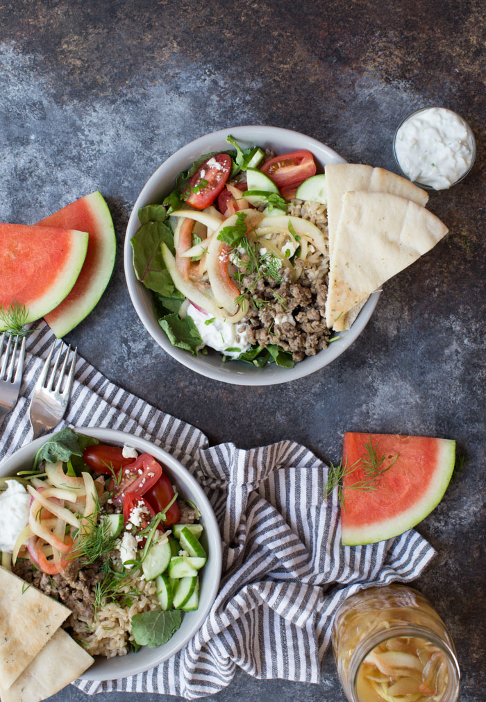 Gyro Salad Bowls with Pickled Watermelon Rind are what you make when you’re living life to the fullest. Instead of tossing your watermelon rind, pickle it and make gyro salad bowls!