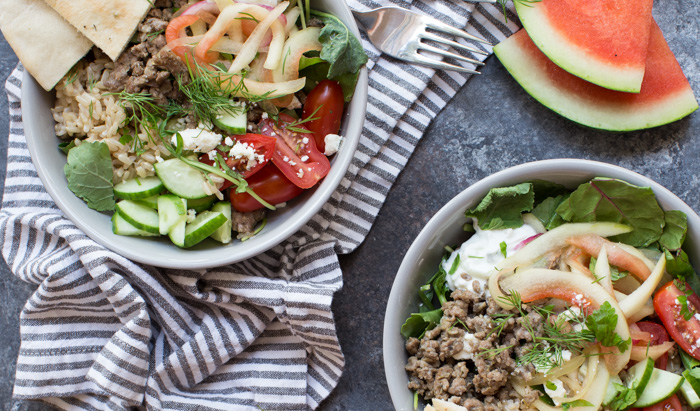 Gyro Salad Bowls with Pickled Watermelon Rind are what you make when you’re living life to the fullest. Instead of tossing your watermelon rind, pickle it and make gyro salad bowls!