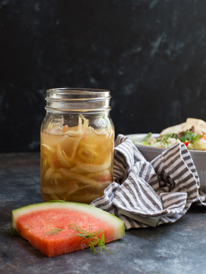 Gyro Salad Bowls with Pickled Watermelon Rind are what you make when you’re living life to the fullest. Instead of tossing your watermelon rind, pickle it and make gyro salad bowls!