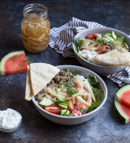 Gyro Salad Bowls with Pickled Watermelon Rind easy way to make gyros