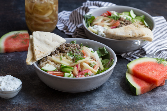 Gyro Salad Bowls with Pickled Watermelon Rind are what you make when you’re living life to the fullest. Instead of tossing your watermelon rind, pickle it and make gyro salad bowls!