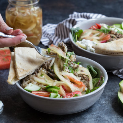 Gyro Salad Bowls with Pickled Watermelon Rind are what you make when you’re living life to the fullest. Instead of tossing your watermelon rind, pickle it and make gyro salad bowls!