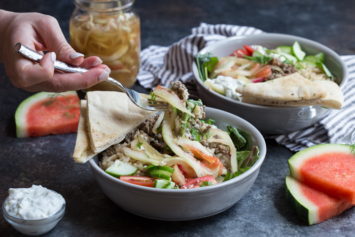 Gyro Salad Bowls with Pickled Watermelon Rind are what you make when you’re living life to the fullest. Instead of tossing your watermelon rind, pickle it and make gyro salad bowls!