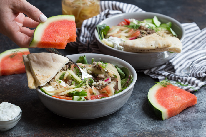 Gyro Salad Bowls with Pickled Watermelon Rind are what you make when you’re living life to the fullest. Instead of tossing your watermelon rind, pickle it and make gyro salad bowls!