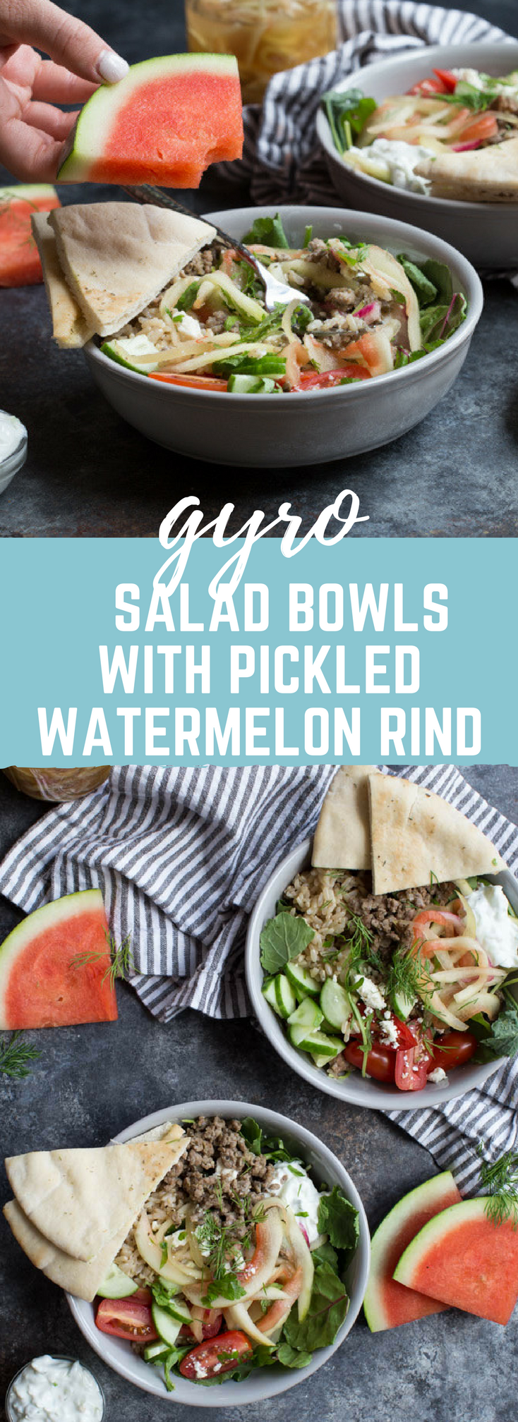 Gyro Salad Bowls with Pickled Watermelon Rind are what you make when you’re living life to the fullest. Instead of tossing your watermelon rind, pickle it and make gyro salad bowls!