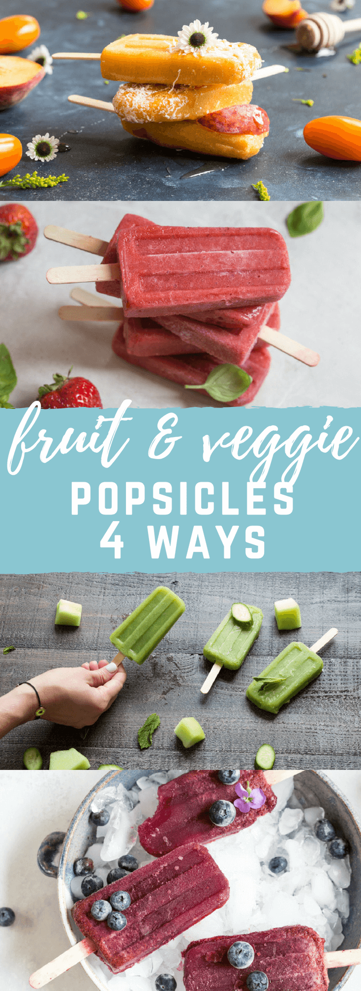 If you’re looking for more YUMMY ways to sneak in a little extra veg into your (or the fam’s) diet, look no further than making a batch (or all 4) of these savory fruit and veggie popsicles.