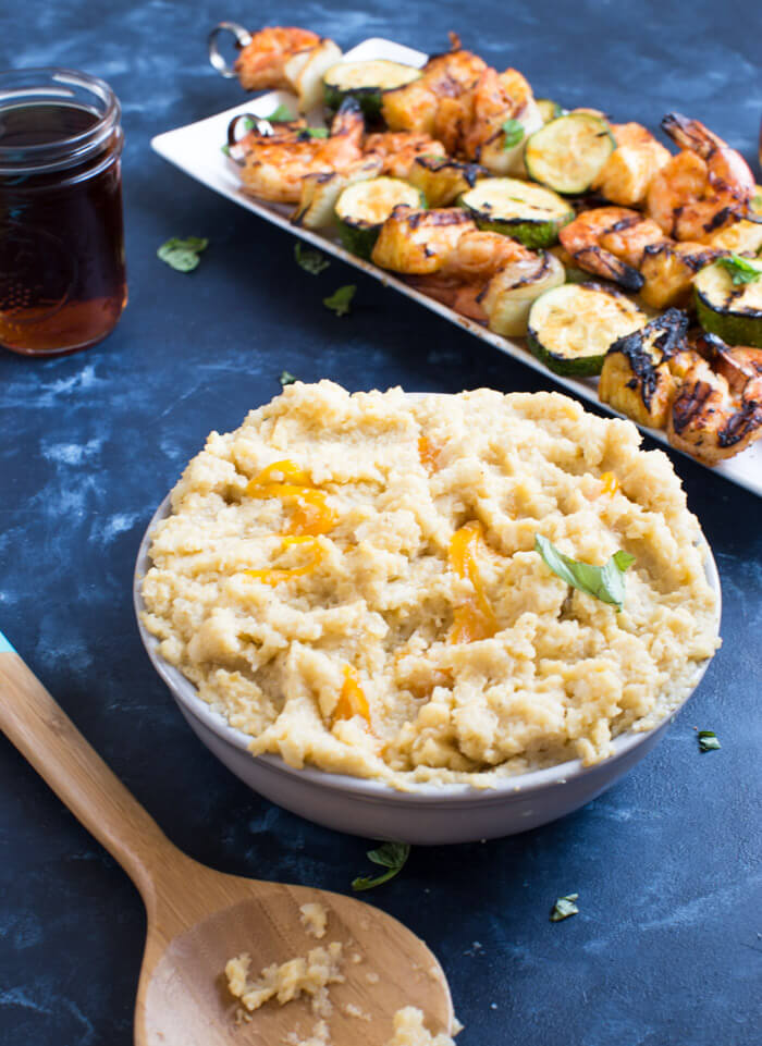 Smoky Cheddar Cauliflower Grits and Cajun Shrimp