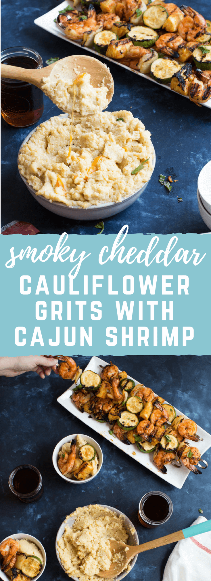 A classic southern dish gets a smoky twist with these Smoky Cheddar Cauliflower Grits and Cajun Shrimp. Cheesy cauliflower grits are served alongside sweet and spicy shrimp skewers with zucchini and pineapple.