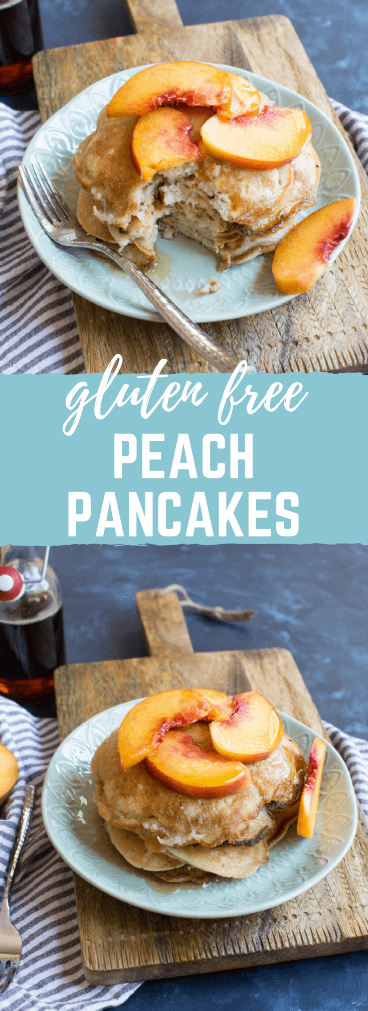 The BEST gluten free peach pancakes you'll ever eat. Light, fluffy, and just peachy. Gotta get some. Freeze leftovers for quick breakfast when you don't feel like cooking but want homemade pancakes.