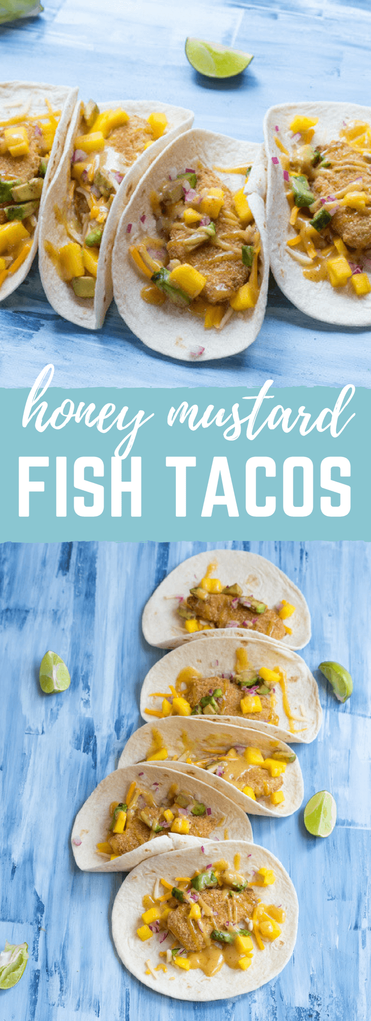 Honey Mustard Fish Tacos made with wild caught pollock tenders, onion, mango, avocado, and cheese nestled in a tortilla and drizzled with honey mustard! A tasty dinner on the table in less than 20 minutes.