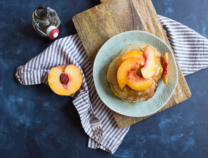 The BEST gluten free peach pancakes you'll ever eat. Light, fluffy, and just peachy. Gotta get some. Freeze leftovers for quick breakfast when you don't feel like cooking but want homemade pancakes.