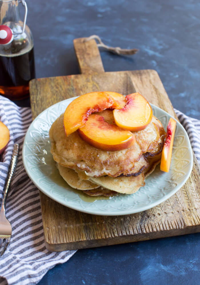 Gluten Free Peach Pancakes | buttermilk pancakes with fresh peaches