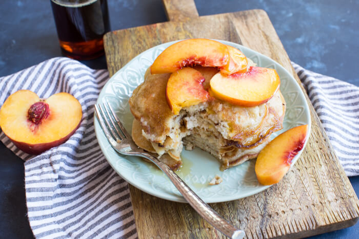 The BEST gluten free peach pancakes you'll ever eat. Light, fluffy, and just peachy. Gotta get some. Freeze leftovers for quick breakfast when you don't feel like cooking but want homemade pancakes.