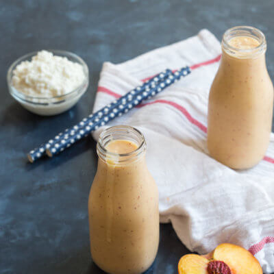 Peaches n Cream Protein Shake made with simple whole food ingredients: fresh juicy peaches and cottage cheese.