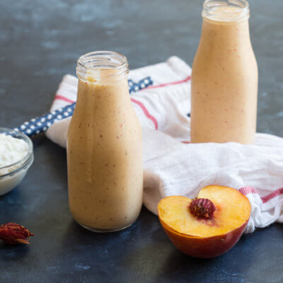 Peaches n Cream Protein Shake made with simple whole food ingredients: fresh juicy peaches and cottage cheese.