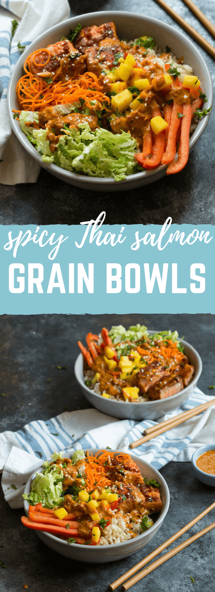 Spicy Thai Salmon Grain Bowls loaded with veggies, brown basmati rice and warm baked salmon and a drizzle of spicy Thai sauce.... because everything is better in bowl form.