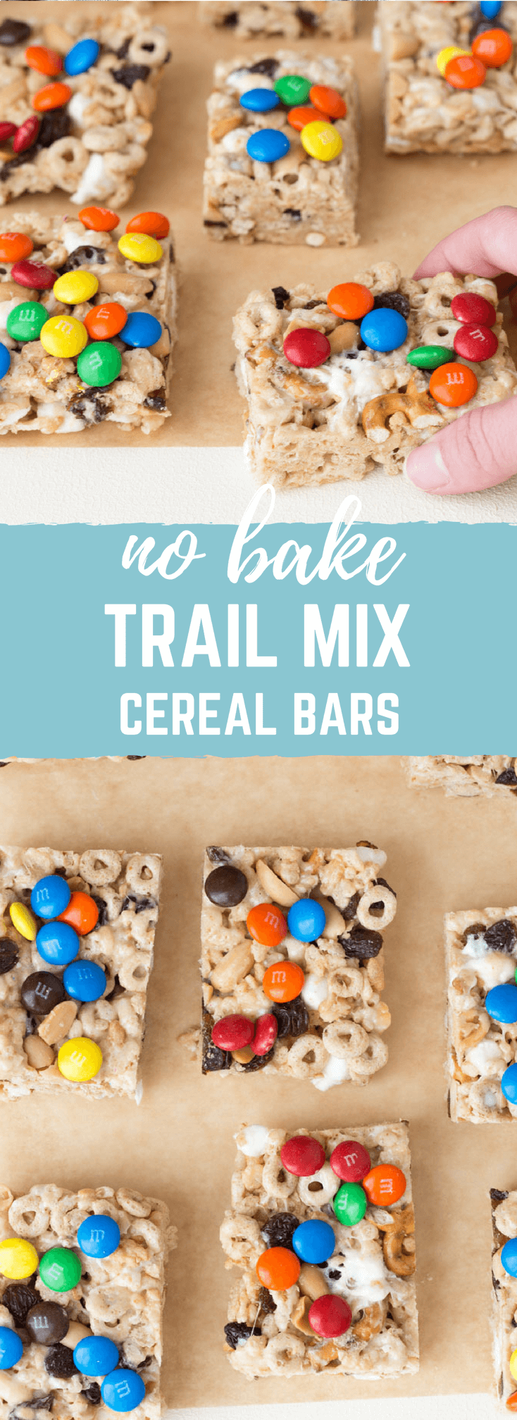 No Bake Trail Mix Cereal Bars. Peanut butter marshmallow trail mix goodness because we all need a little fun in our life! This rice crispy treat gets a tasty upgrade with a sweet and salty trail mix twist.