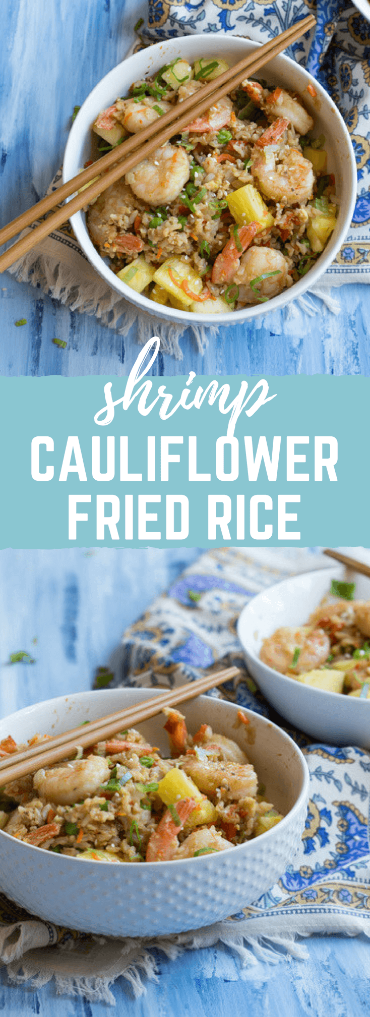 This Shrimp Cauliflower Rried Rice is ready in just 25 minutes! This is the perfect dish for a quick, need it in a hurry Monday through Friday meal or just as a healthier alternative to the standard cozy “take out and a movie” meal.