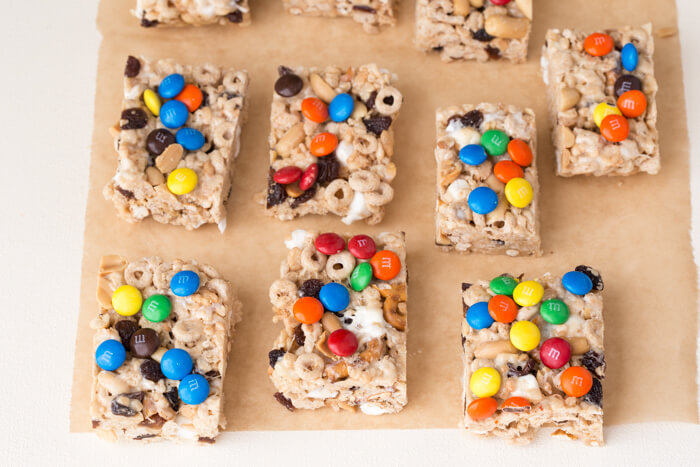 No Bake Trail Mix Cereal Bars. Peanut butter marshmallow trail mix goodness because we all need a little fun in our life! This rice crispy treat gets a tasty upgrade with a sweet and salty trail mix twist.