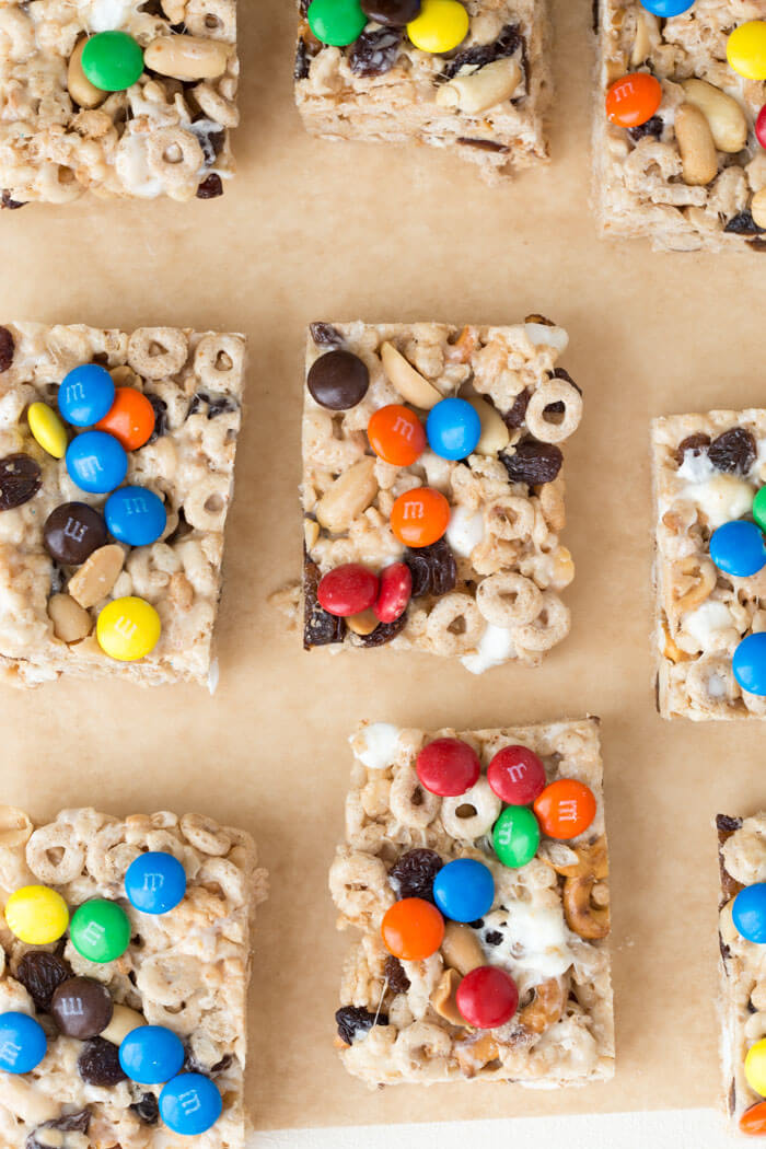 No Bake Trail Mix Cereal Bars. Peanut butter marshmallow trail mix goodness because we all need a little fun in our life! This rice crispy treat gets a tasty upgrade with a sweet and salty trail mix twist.