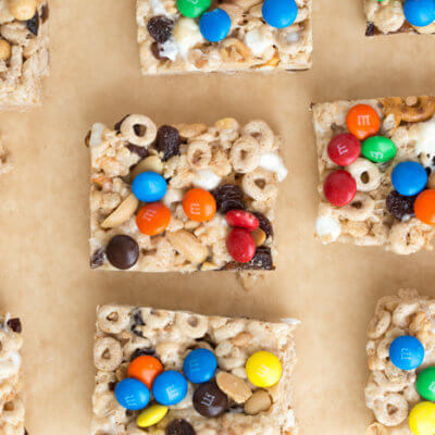 No Bake Trail Mix Cereal Bars. Peanut butter marshmallow trail mix goodness because we all need a little fun in our life! This rice crispy treat gets a tasty upgrade with a sweet and salty trail mix twist.