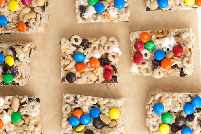 No Bake Trail Mix Cereal Bars. Peanut butter marshmallow trail mix goodness because we all need a little fun in our life! This rice crispy treat gets a tasty upgrade with a sweet and salty trail mix twist.