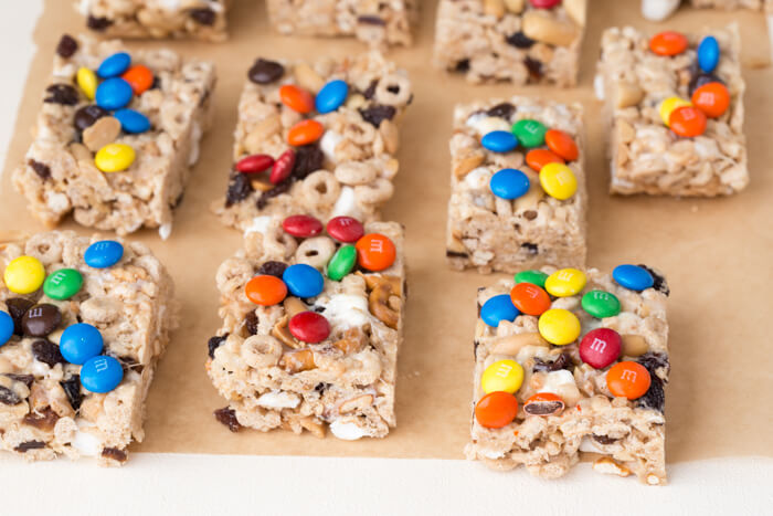 No Bake Trail Mix Cereal Bars. Peanut butter marshmallow trail mix goodness because we all need a little fun in our life! This rice crispy treat gets a tasty upgrade with a sweet and salty trail mix twist.