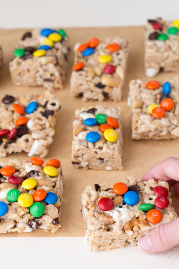 No Bake Trail Mix Cereal Bars. Peanut butter marshmallow trail mix goodness because we all need a little fun in our life! This rice crispy treat gets a tasty upgrade with a sweet and salty trail mix twist.