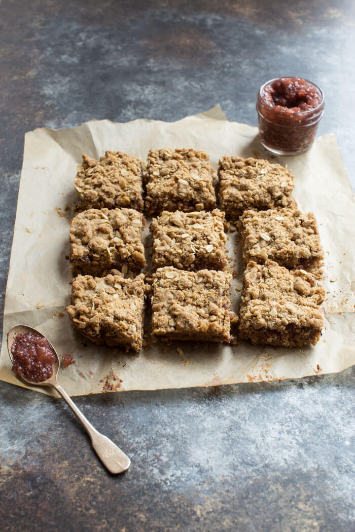 PBJ Crumble Bars made more wholesome with homemade watermelon chia jam, peanut butter, and whole grain oats for a yummy after school treat or dessert for your next party!